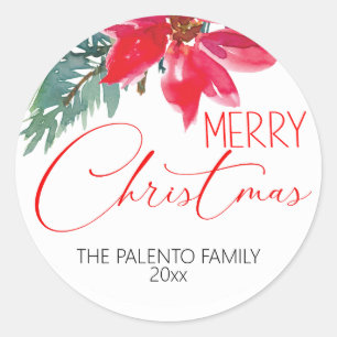 Merry Christmas Red Poinsettia   Classic Round Sticker