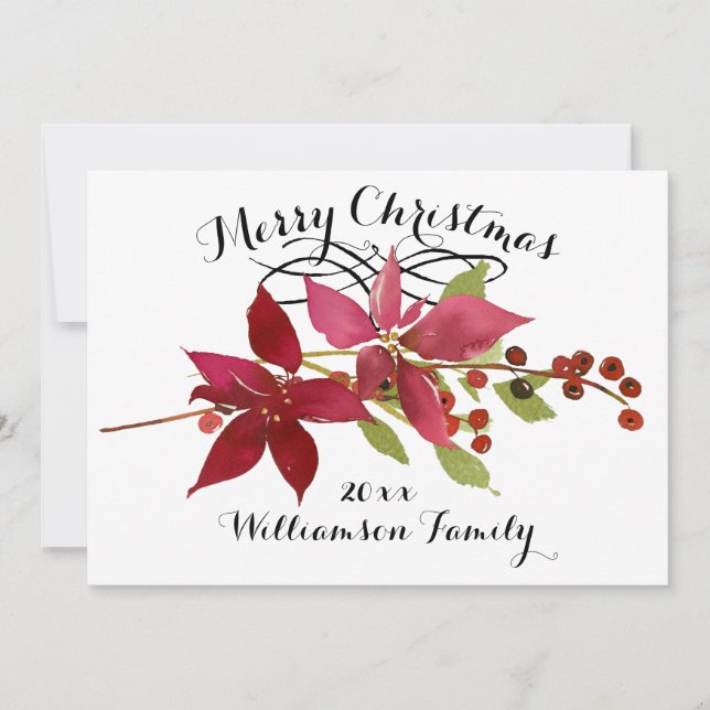 Merry Christmas Red Poinsettia Floral Family Name Holiday Card (Front)
