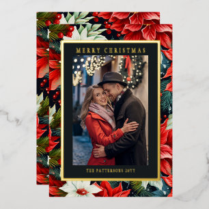 Merry Christmas Red Poinsettia Floral Photo Foil Holiday Card