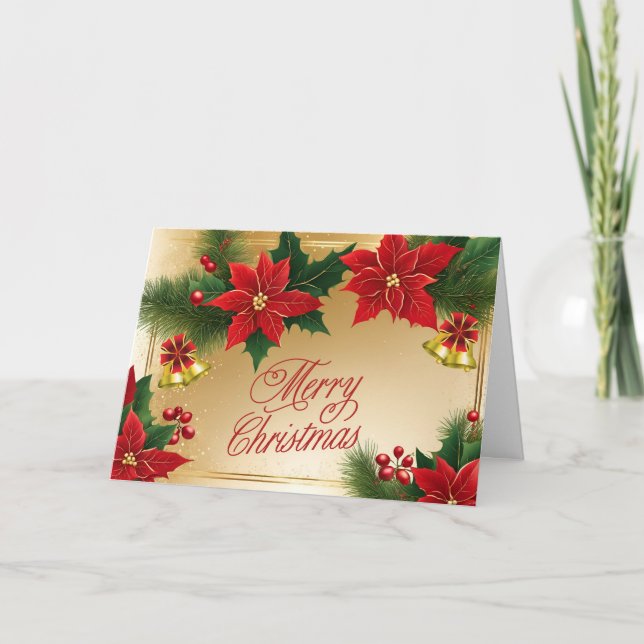 Merry Christmas Red Poinsettia Flowers, Bells  Holiday Card (Front)