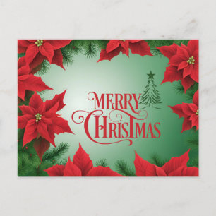 Merry Christmas Red Poinsettia Flowers Holiday Postcard