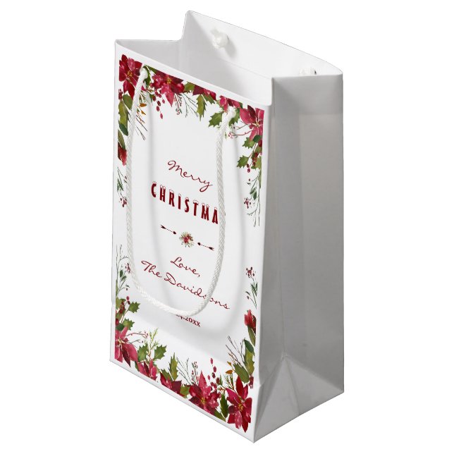 Merry Christmas Red Poinsettia Frame Small Gift Bag (Front Angled)