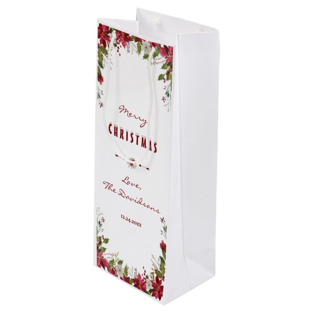 Merry Christmas Red Poinsettia Frame Wine Gift Bag (Front Angled)