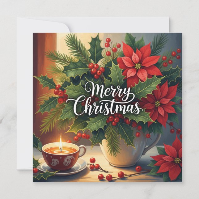 Merry Christmas Red Poinsettia, Holly Berry  Holiday Card (Front)