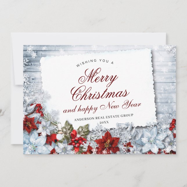 Merry Christmas Red Poinsettia Rustic Holiday Card (Front)