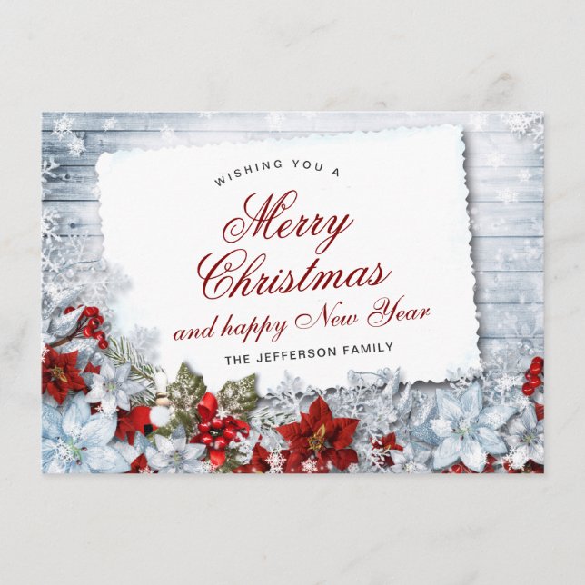 Merry Christmas Red Poinsettia Rustic Holiday Card (Front)