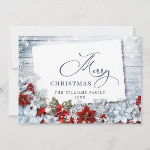 Merry Christmas Red Poinsettia Rustic Wood Holiday Card