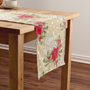 Merry Christmas Red Poinsettia Short Table Runner