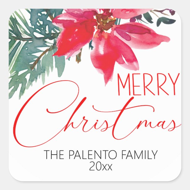 Merry Christmas Red Poinsettia   Square Sticker (Front)