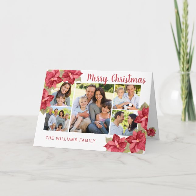 Merry Christmas Red Poinsettia Watercolor Holiday Card (Front)