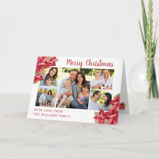 Merry Christmas Red Poinsettia Watercolor Holiday  Card (Front)