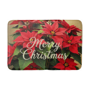 Merry Christmas Red Poinsettias Bath Mat