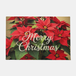 Merry Christmas Red Poinsettias Doormat