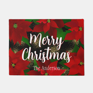 Merry Christmas Red Poinsettias  Doormat