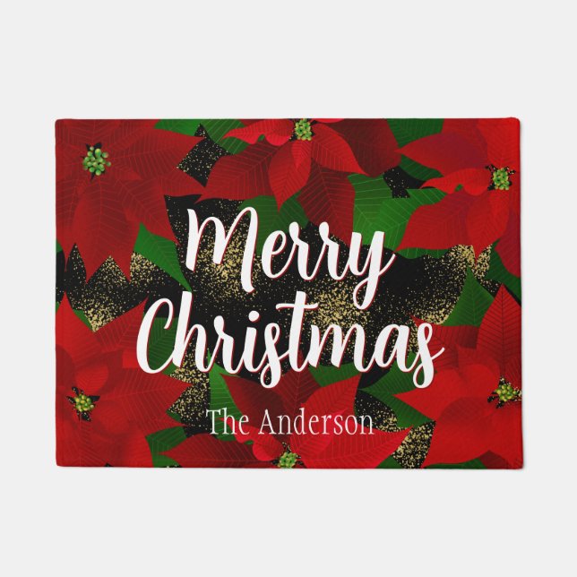 Merry Christmas Red Poinsettias  Doormat (Front)