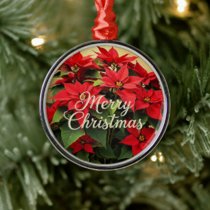 Merry Christmas Red Poinsettias Metal Tree Decoration