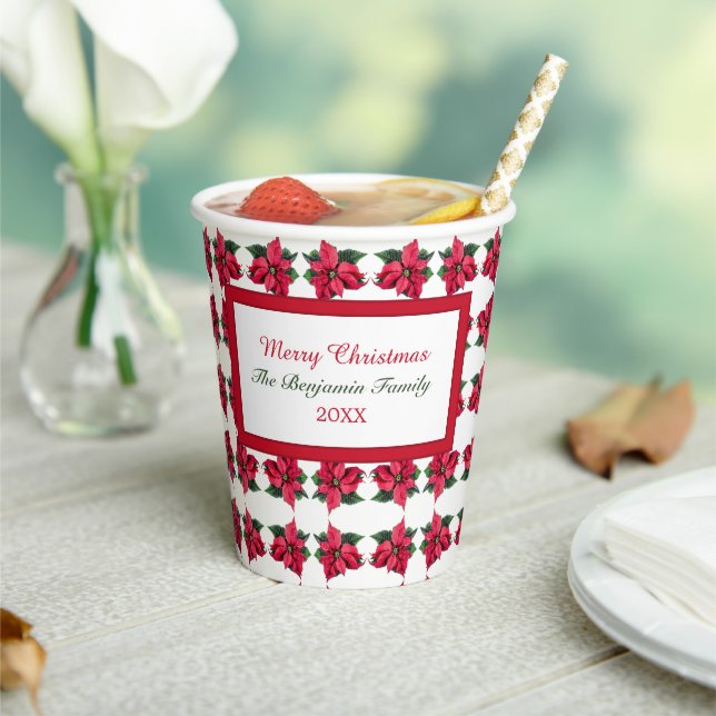 Merry Christmas Red Poinsettias Personalise   Paper Cups (Insitu)