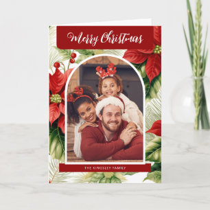 Merry Christmas Red Poinsettias Personalised Photo Holiday Card