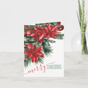 Merry Christmas Red Poinsettias Pine Bough Holiday Card