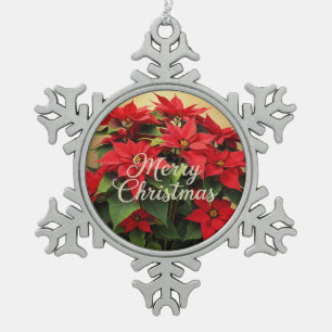 Merry Christmas Red Poinsettias Snowflake Pewter Christmas Ornament