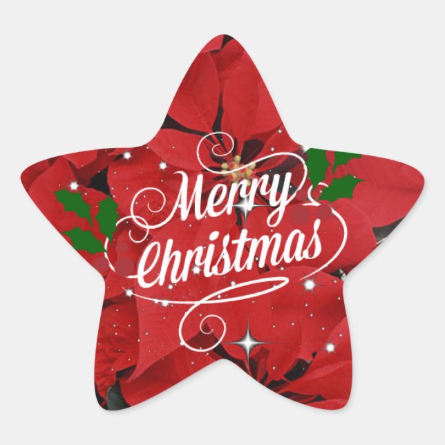 Merry Christmas, red poinsettias, Star Sticker (Front)