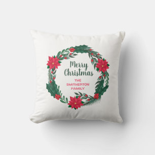 Merry Christmas Red Poinsettias Wreath Cushion