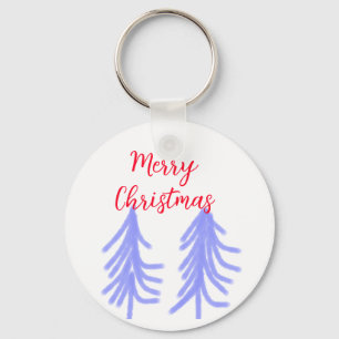 Merry Christmas red purple pastel pine tree waterc Key Ring