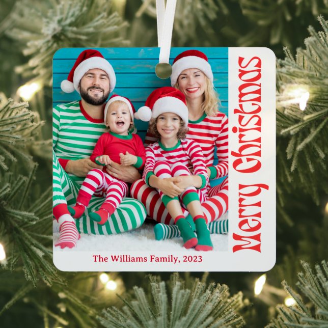 merry christmas red retro calligraphy 2 photos metal tree decoration (Insitu)