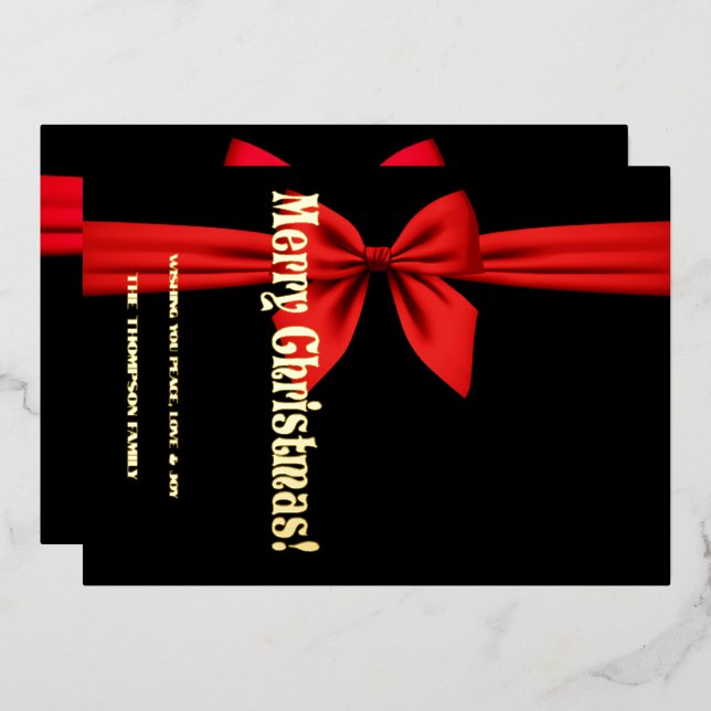 Merry Christmas, Red Ribbon Cute Foil Holiday Card (Front/Back)