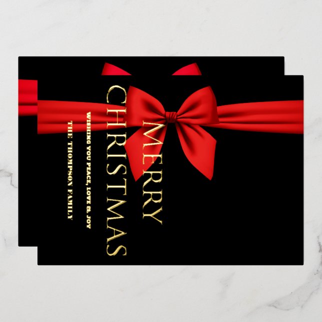 Merry Christmas, Red Ribbon Cute Foil Holiday Card (Front/Back)