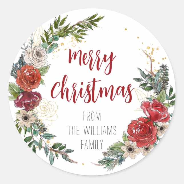Merry Christmas Red Rose Floral Wreath Holiday  Classic Round Sticker (Front)