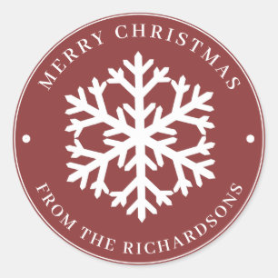 Merry Christmas Red Round White Snowflake Classic Round Sticker