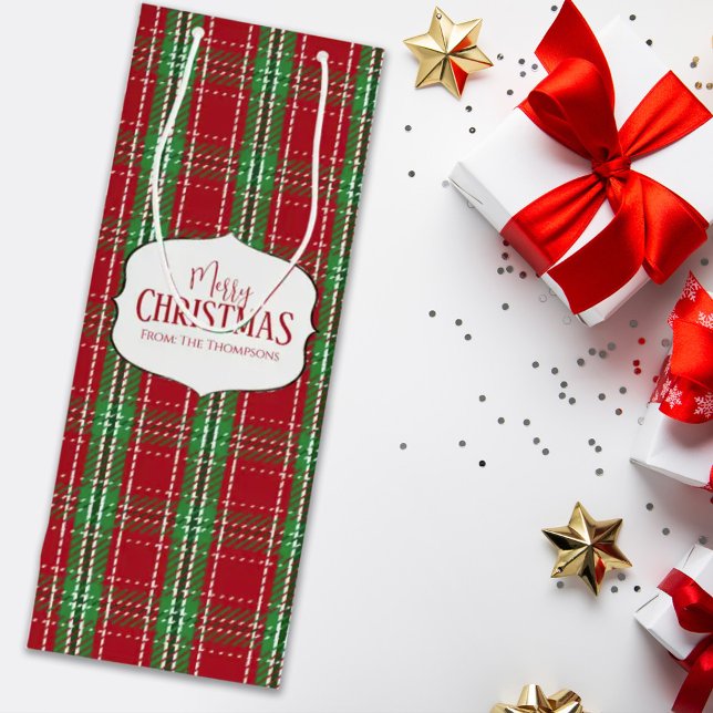 Merry Christmas Red Rustic Farmhouse Holiday Plaid Wine Gift Bag (Creator Uploaded)