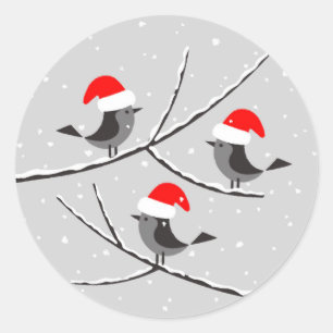 Merry Christmas Red Santa Hat Birds Classic Round Sticker