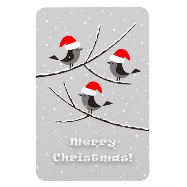 Merry Christmas Red Santa Hat Birds Magnet (Vertical)