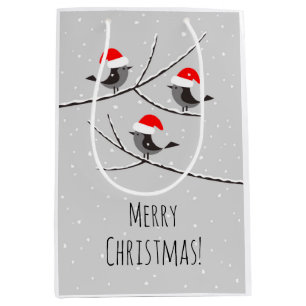 Merry Christmas Red Santa Hat Birds Snow Medium Gi Medium Gift Bag