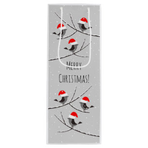 Merry Christmas Red Santa Hat Birds Snow Wine Gift Bag