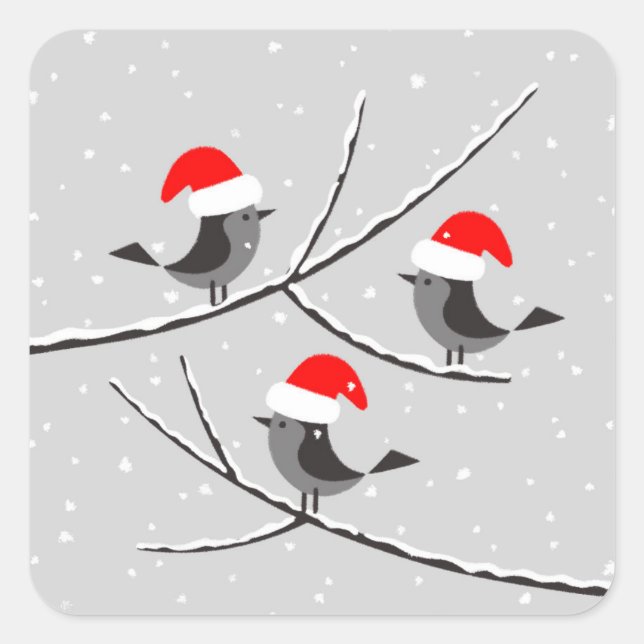 Merry Christmas Red Santa Hat Birds Square Sticker (Front)