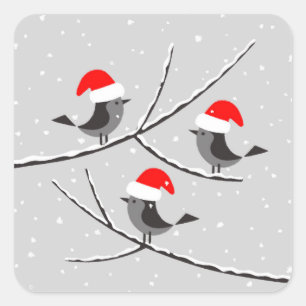 Merry Christmas Red Santa Hat Birds Square Sticker