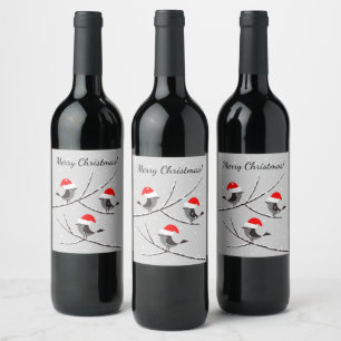 Merry Christmas Red Santa Hat Birds Wine Label