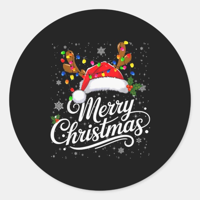 Merry Christmas Red Santa Hat Reindeer Family Xmas Classic Round Sticker (Front)