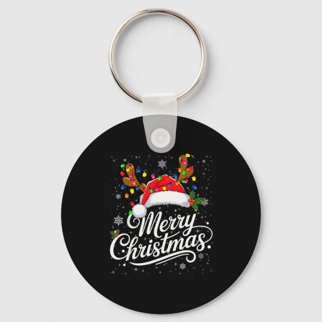 Merry Christmas Red Santa Hat Reindeer Family Xmas Key Ring (Front)