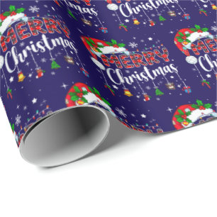 Merry Christmas Red Santa Hat Reindeer Xmas Blue Wrapping Paper