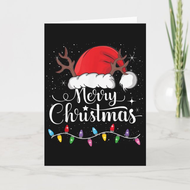 Merry Christmas Red Santa Hat Reindeer Xmas Family Card (Front)