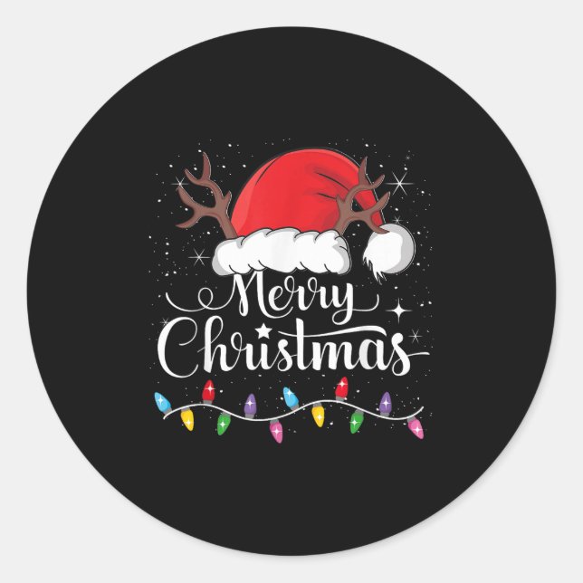 Merry Christmas Red Santa Hat Reindeer Xmas Family Classic Round Sticker (Front)