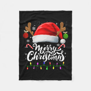 Merry Christmas Red Santa Hat Reindeer Xmas Family Fleece Blanket