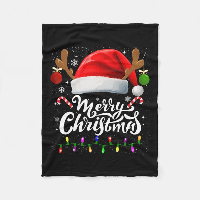 Merry Christmas Red Santa Hat Reindeer Xmas Family Fleece Blanket (Front)