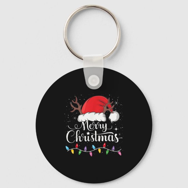 Merry Christmas Red Santa Hat Reindeer Xmas Family Key Ring (Front)