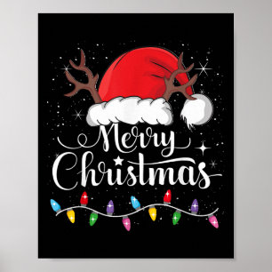 Merry Christmas Red Santa Hat Reindeer Xmas Family Poster