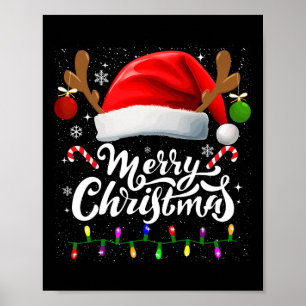 Merry Christmas Red Santa Hat Reindeer Xmas Family Poster